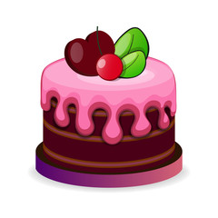 Piece of chocolate cake with cream and cherry.