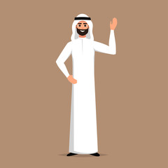Arab man in white clothes raised his hand welcoming. vector cartoon smiling Islamic man dressed in traditional clothes. 