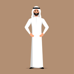 successful Arab man in white clothes stands in a welcoming position. vector cartoon smiling Islamic businessman dressed in traditional clothes. 