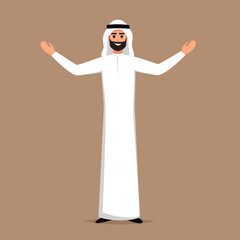 Cartoon Successful Arab man in white clothes stands with open arms. vector cartoon smiling Islamic businessman dressed in traditional clothes with arms outstretched in a welcome gesture