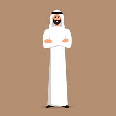 Successful Arab man in white clothes crossed arms on chest. vector cartoon smiling Islamic businessman dressed in traditional clothes. 