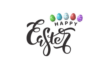 Vector realistic isolated lettering for Easter with eggs for decoration and covering on the white background. Concept of Happy Easter.