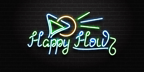 Vector realistic isolated neon sign of Happy Hour lettering logo with cocktail for decoration and covering on the wall background. Concept of night club, free drinks, bar counter and restaurant.