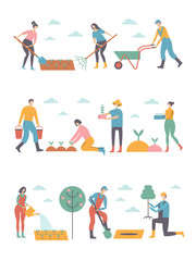 People working in garden design elements and icons in flat style.