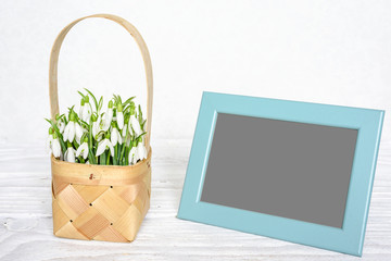 blank photo frame with spring snowdrops flowers in a wicker basket on white wooden table