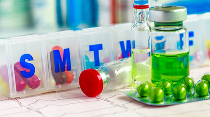 Drug prescription for treatment medication. Pharmaceutical medicament, cure in container for health. Pharmacy theme, capsule pills with medicine antibiotic in packages.