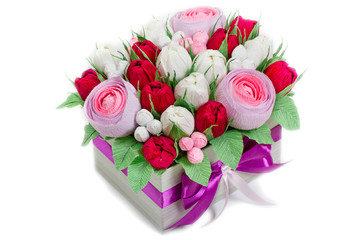 A box of home-made colors. Handmade. Red and white roses with a serene ribbon. Isolate