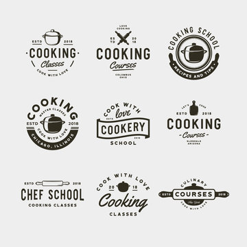 set of vintage cooking classes logos. retro styled culinary school emblems. vector illustration