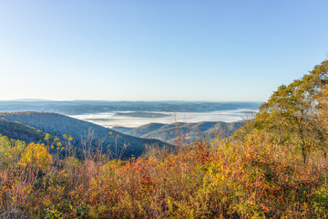 Naklejka na ściany i meble Overlook of West Virginia mountains in autumn fall with foliage and mist fog clouds covering valley in morning sunrise sunlight