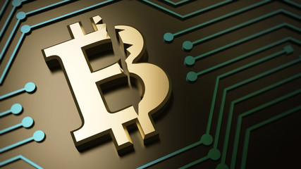 Broken Gold Bitcoin sign 3d illustration