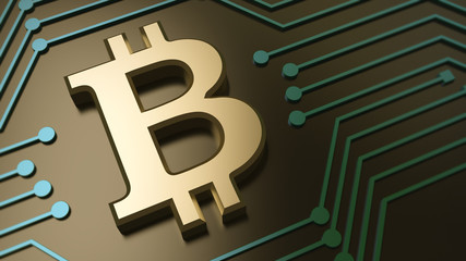 Gold Bitcoin sign 3d illustration