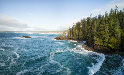 Aerial panoramic seascape view during a vibrant winter morning. Taken near Tofino and Ucluelet,...