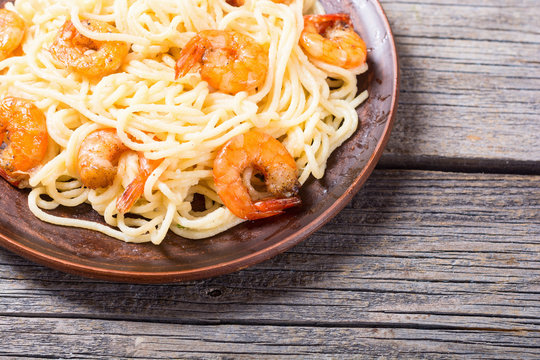 Italian pasta spaghetti with shrimps