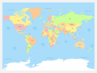 World map atlas. Colored political map with blue seas and oceans. Vector illustration.