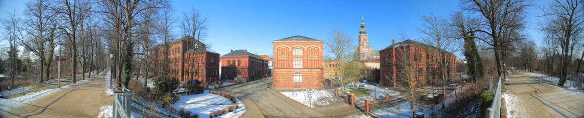 Fototapeta na wymiar Panoramic view over university buildings in the Rubenowstrasse in Greifswald, Germany