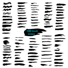 Big set of 100 black brush strokes.