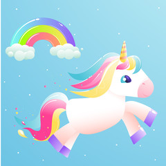The unicorn flies across the sky with a rainbow, clouds, stars