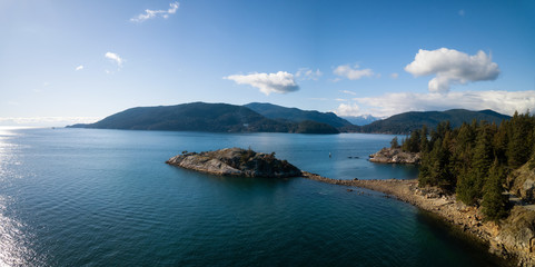Fototapeta na wymiar Aerial panoramic view of Whytecliff Park during a vibrant sunny day. Taken in Horseshoe Bay, West Vancouver, British Columbia, Canada.