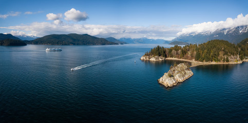 Aerial panoramic view of Whytecliff Park during a vibrant sunny day. Taken in Horseshoe Bay, West Vancouver, British Columbia, Canada.
