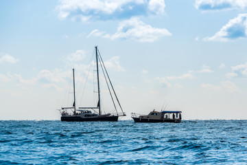 the rocky shore and sailboat at sea. Fiolent, Crimea