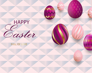 Fashionable geometric background and luxurious gold with pink Easter eggs. Opening to the celebration of Easter.