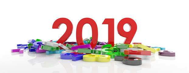 2019 New year. Red 2019  figures and colorful numbers heap isolated on white background, banner. 3d illustration