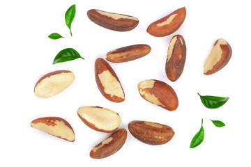 Brazil nuts isolated on white background closeup. Top view. Flat lay
