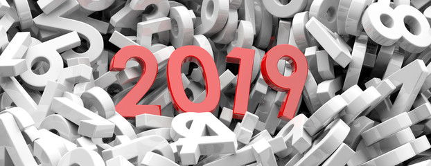 2019 New year. Red 2019  figures on white numbers background, banner. 3d illustration