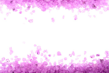 Violet sea salt isolated on white background, lavender with copy space for your text. Top view. Flat lay