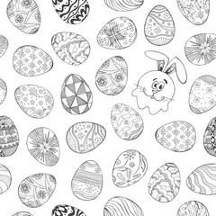 DrukowanieSeamless pattern with different Easter eggs and rabbit. Vector illustration in sketch style. Hand drawn Easter pattern.