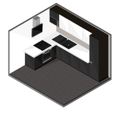 Black kitchen in isometric style. Vector illustration.