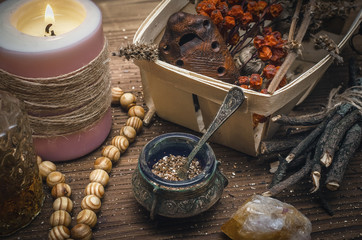 Magic potion. Alternative herbal medicine. Shaman table with copy space. Druidism concept. Witch...
