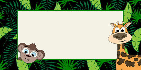 Fototapeta premium banner with tropical plants, monkey and giraffe in a trend. Design text box frames.