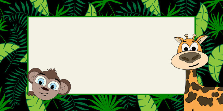 banner with tropical plants, monkey and giraffe in a trend. Design text box frames.