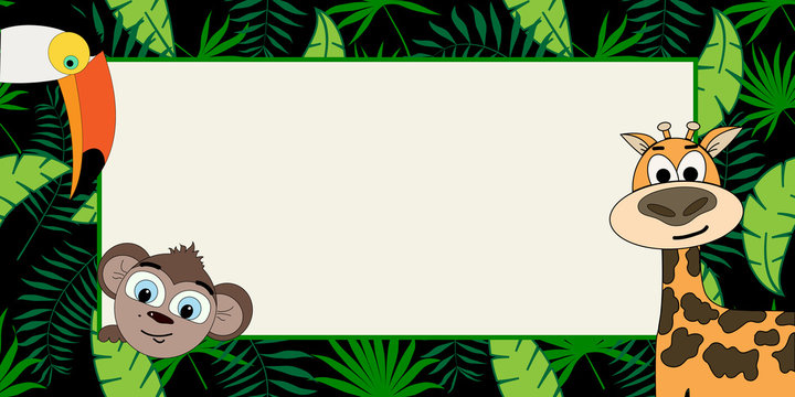 Trendy tropical leaves with a toucan, monkey and giraffe banner. Design text box frames.