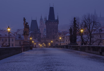 Fototapeta na wymiar Winter cityscape, snowing in Prague, Czech Republic 