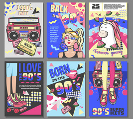 Memphis cards with geometric elements and retro illustrations. Set of vector banners in trendy 80s-90s memphis style. cover design, advertising, poster and greeting card. graphic tee and printed tee