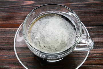 Coal latte. Black cappuccino. Black coffee with activated carbon.