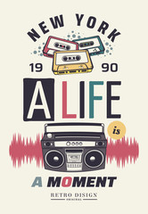Typography slogan with tape recorder, in 80s 90s memphis style vector for t shirt printing, graphic tee and printed tee