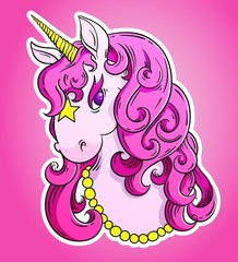 Pink unicorn head portrait sticker, poster. Cute magic cartoon fantasy animal concept. Vector illustration