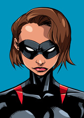 Fototapeta na wymiar Superheroine Portrait Masked Line Art 2 / Comics illustration of the portrait of a powerful masked superheroine looking at camera with a tough facial expression isolated on blue background.