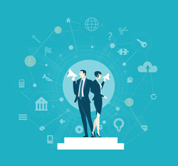 Two business people controlling the working progress  with  loudhailer. Control, support and making decision concept illustration 