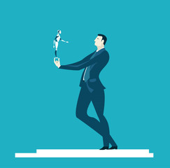 Fototapeta na wymiar Businessmen holding and looking at mini robots. Innovation and making decision concept illustration 