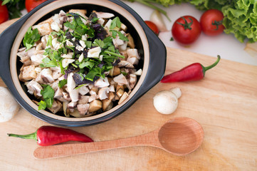 Obraz na płótnie Canvas Vegetarian stew in earthenware and fresh chopped vegetables. Hea