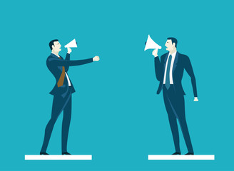 Fototapeta premium Two business people negotiation with loudhailer. Control, support and making decision concept illustration 