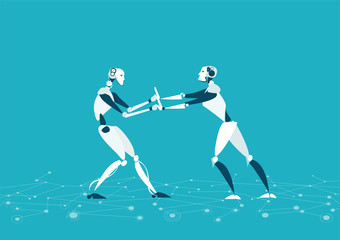 Robotic progress automatisation concept illustration. Two robot fighting for the leading position