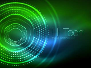 Magic neon circle shape abstract background, shiny light effect template for web banner, business or technology presentation background or elements, vector illustration
