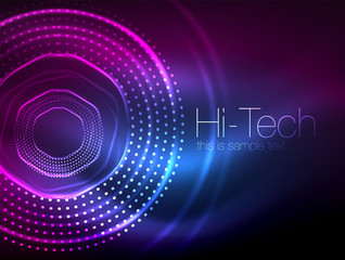Magic neon circle shape abstract background, shiny light effect template for web banner, business or technology presentation background or elements, vector illustration