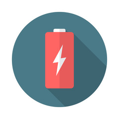 Battery circle icon with long shadow. Flat design style. Battery simple silhouette. Modern, minimalist, round icon in stylish colors. Web site page and mobile app design vector element.