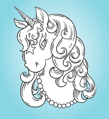 Unicorn head portrait coloring page, poster. Cute magic cartoon fantasy animal concept. Isolated outline vector illustration
